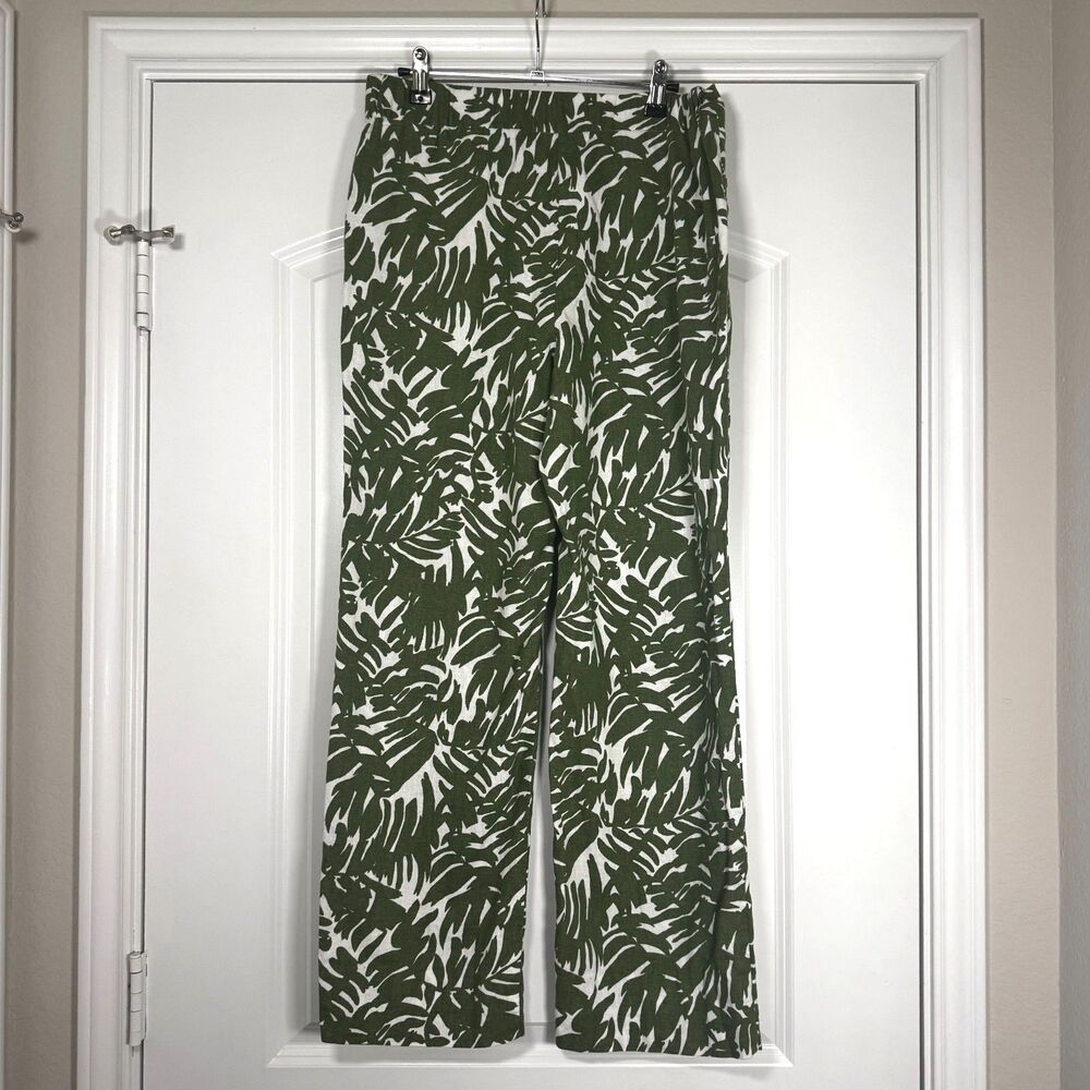 Anne Klein Green Tropical Palm Leaf Wide Leg Palazzo Pants Size Small